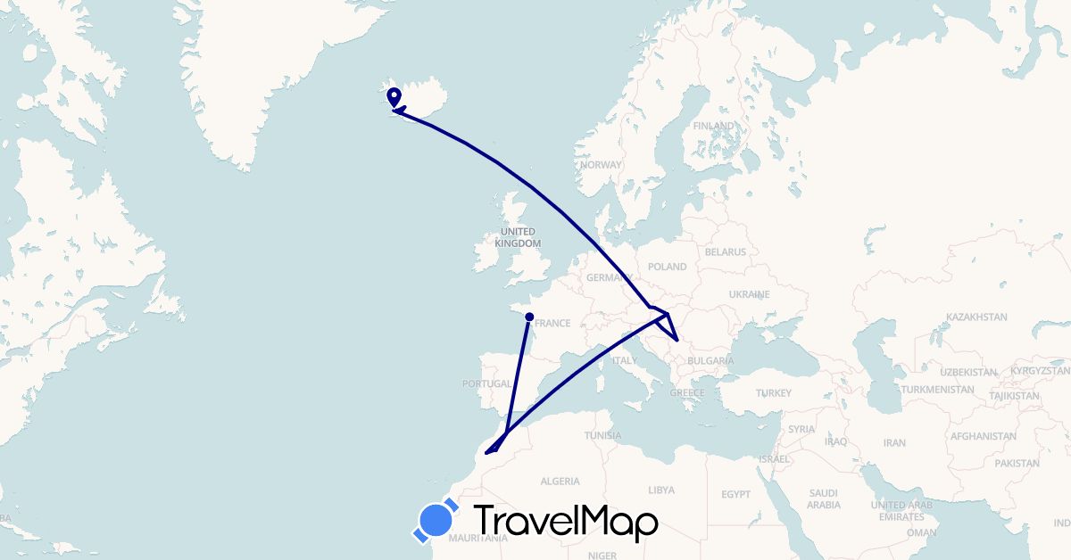 TravelMap itinerary: driving in Austria, France, Hungary, Iceland, Morocco, Serbia, Slovakia (Africa, Europe)